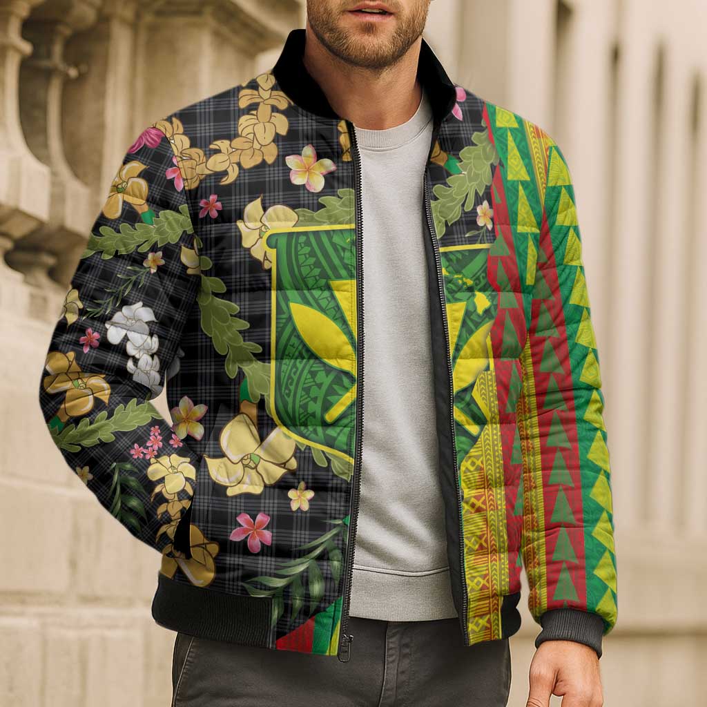 Hawaiian Tropical Plants Lei Bomber Puffer Jacket Kanaka Maoli Tribal with Palaka Motifs LT03 - Polynesian Pride