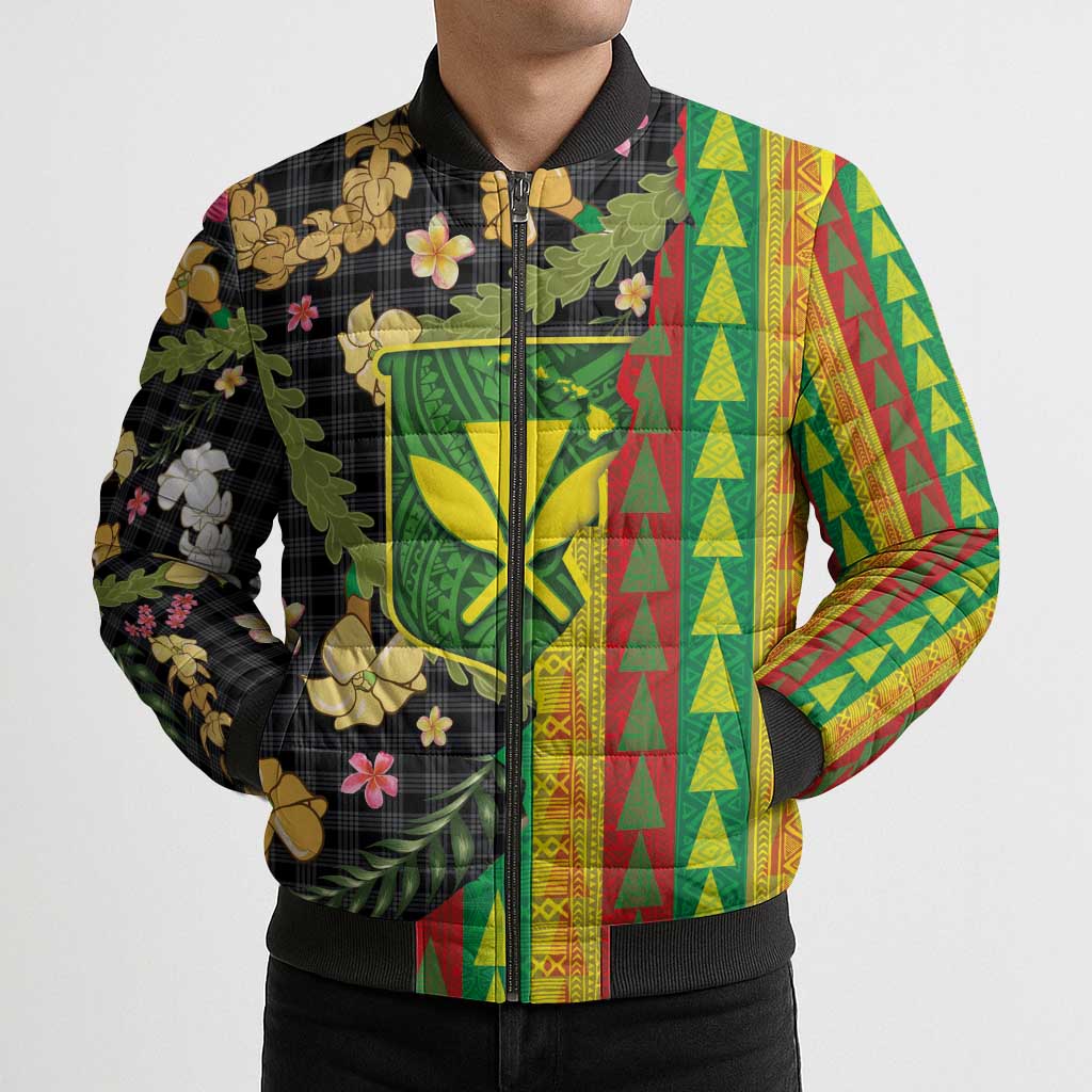 Hawaiian Tropical Plants Lei Bomber Puffer Jacket Kanaka Maoli Tribal with Palaka Motifs LT03 - Polynesian Pride