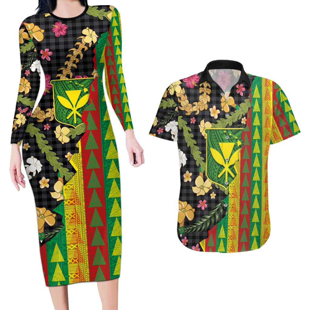 Hawaiian Tropical Plants Lei Couples Matching Long Sleeve Bodycon Dress and Hawaiian Shirt Kanaka Maoli Tribal with Palaka Motifs LT03 Multicolor - Polynesian Pride
