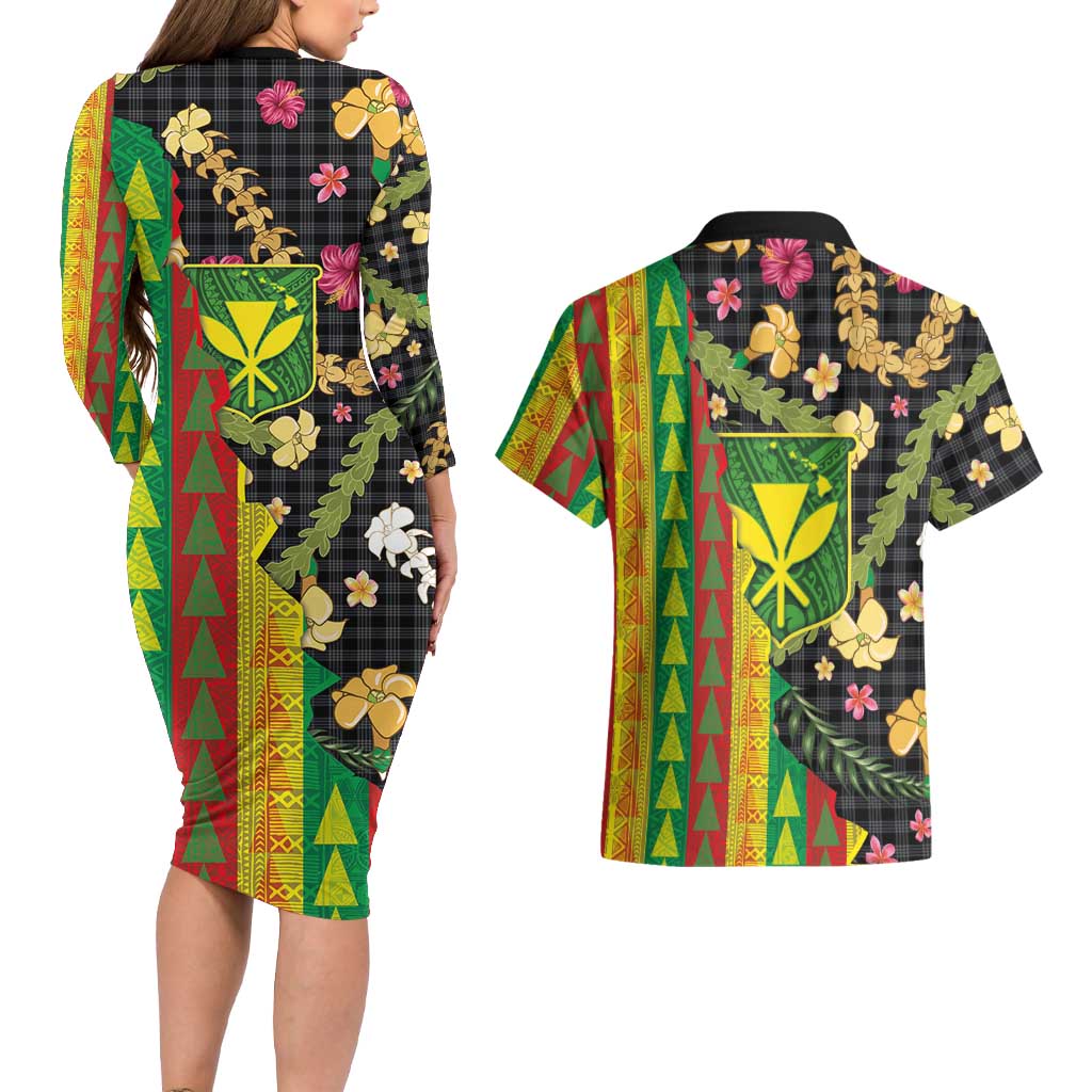 Hawaiian Tropical Plants Lei Couples Matching Long Sleeve Bodycon Dress and Hawaiian Shirt Kanaka Maoli Tribal with Palaka Motifs LT03 - Polynesian Pride