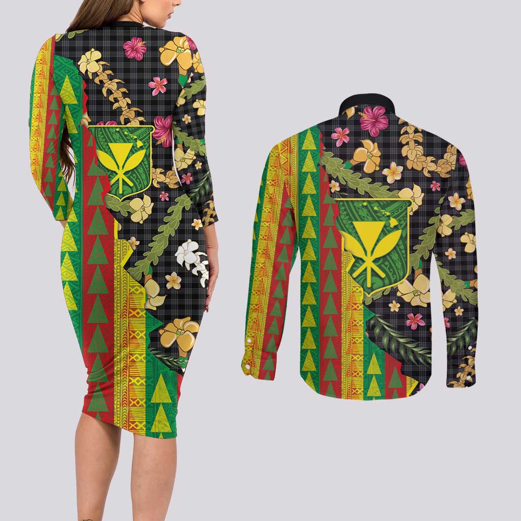 Hawaiian Tropical Plants Lei Couples Matching Long Sleeve Bodycon Dress and Long Sleeve Button Shirt Kanaka Maoli Tribal with Palaka Motifs LT03 - Polynesian Pride