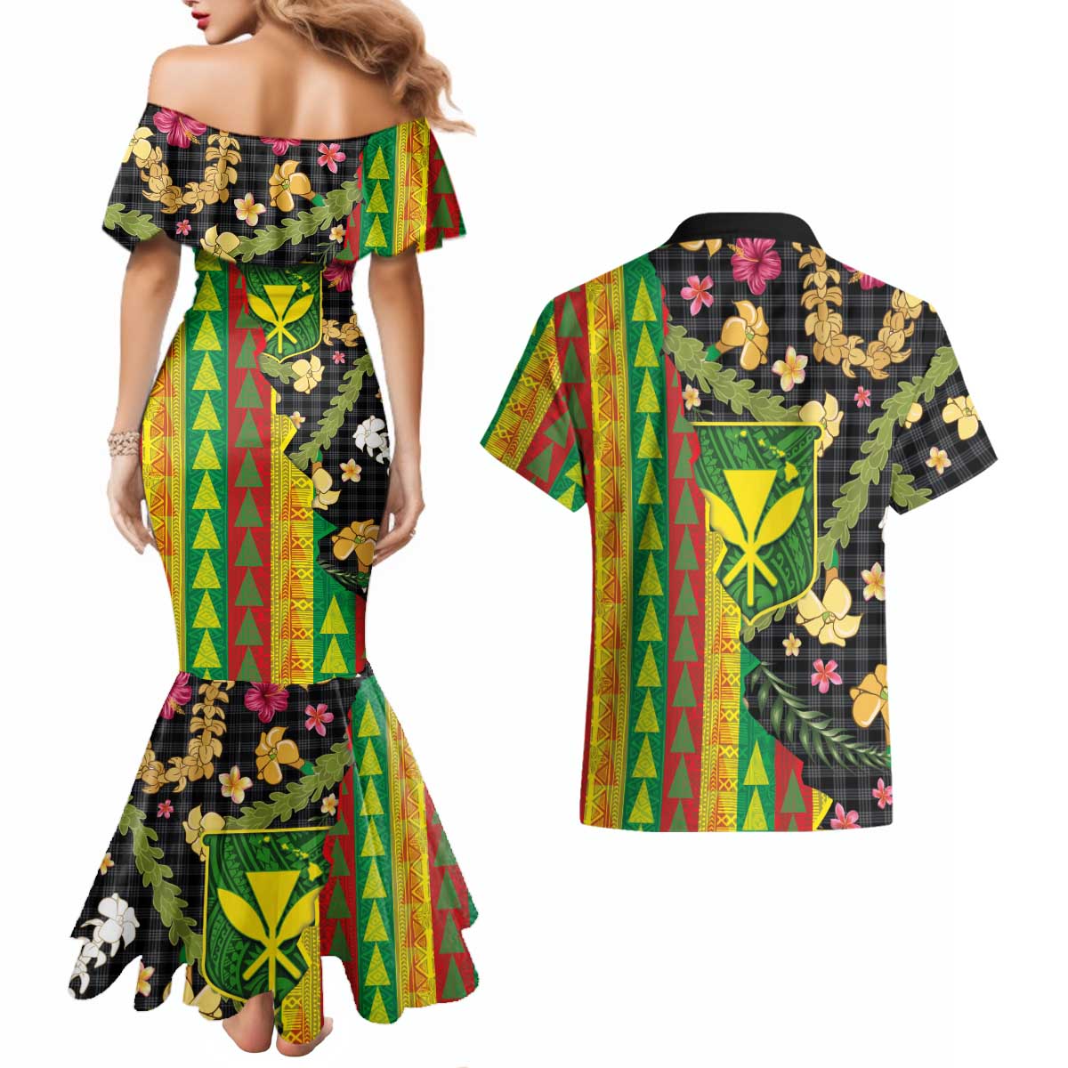 Hawaiian Tropical Plants Lei Couples Matching Mermaid Dress and Hawaiian Shirt Kanaka Maoli Tribal with Palaka Motifs LT03 - Polynesian Pride