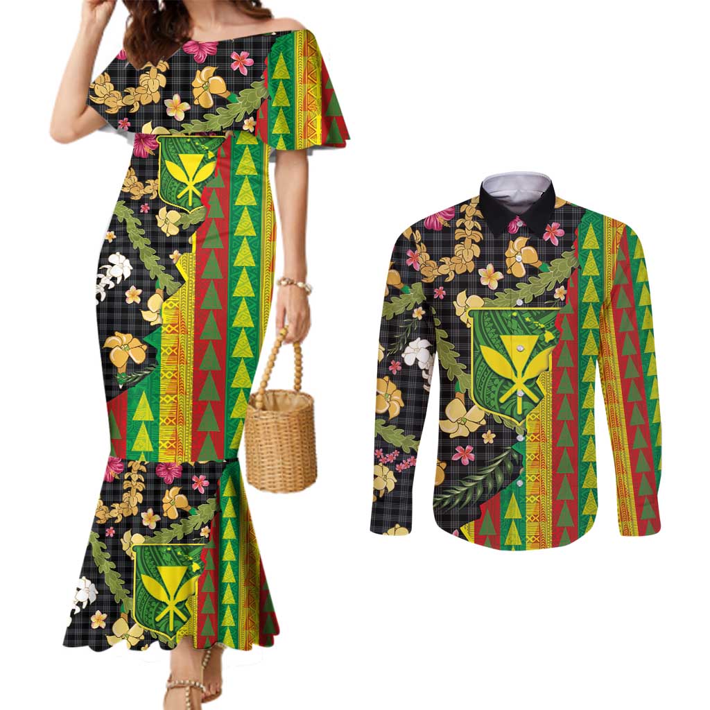 Hawaiian Tropical Plants Lei Couples Matching Mermaid Dress and Long Sleeve Button Shirt Kanaka Maoli Tribal with Palaka Motifs - Polynesian Pride