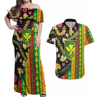 Hawaiian Tropical Plants Lei Couples Matching Off Shoulder Maxi Dress and Hawaiian Shirt Kanaka Maoli Tribal with Palaka Motifs LT03 Multicolor - Polynesian Pride