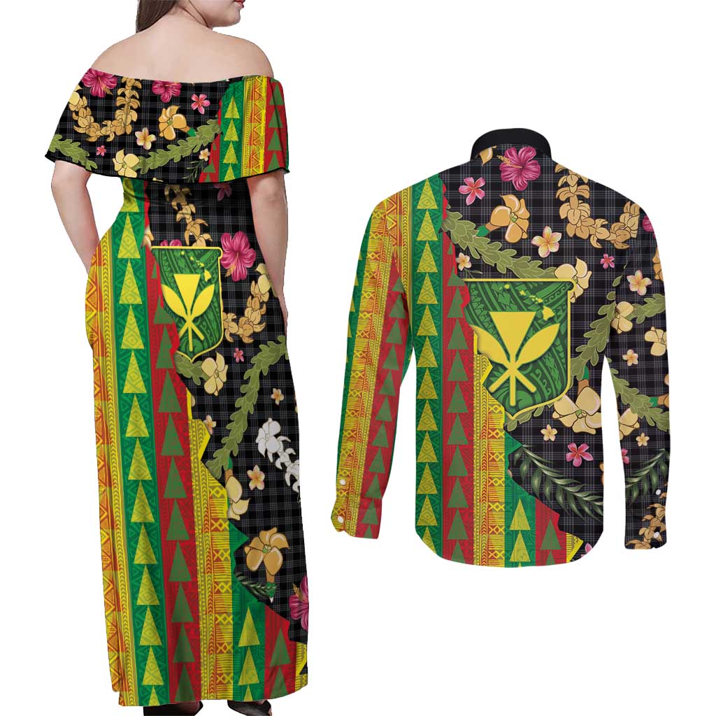 Hawaiian Tropical Plants Lei Couples Matching Off Shoulder Maxi Dress and Long Sleeve Button Shirt Kanaka Maoli Tribal with Palaka Motifs LT03 - Polynesian Pride