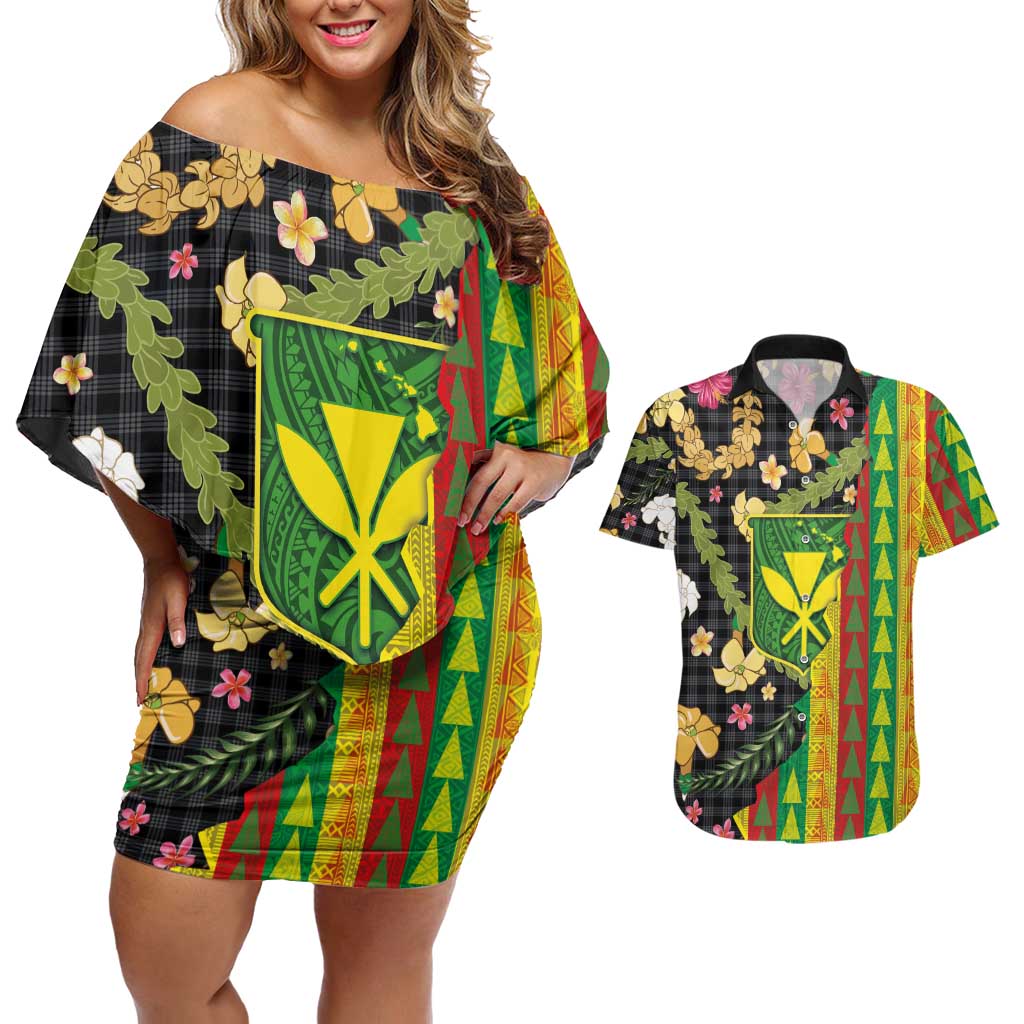 Hawaiian Tropical Plants Lei Couples Matching Off Shoulder Short Dress and Hawaiian Shirt Kanaka Maoli Tribal with Palaka Motifs LT03 Multicolor - Polynesian Pride