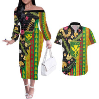 Hawaiian Tropical Plants Lei Couples Matching Off The Shoulder Long Sleeve Dress and Hawaiian Shirt Kanaka Maoli Tribal with Palaka Motifs LT03 Multicolor - Polynesian Pride