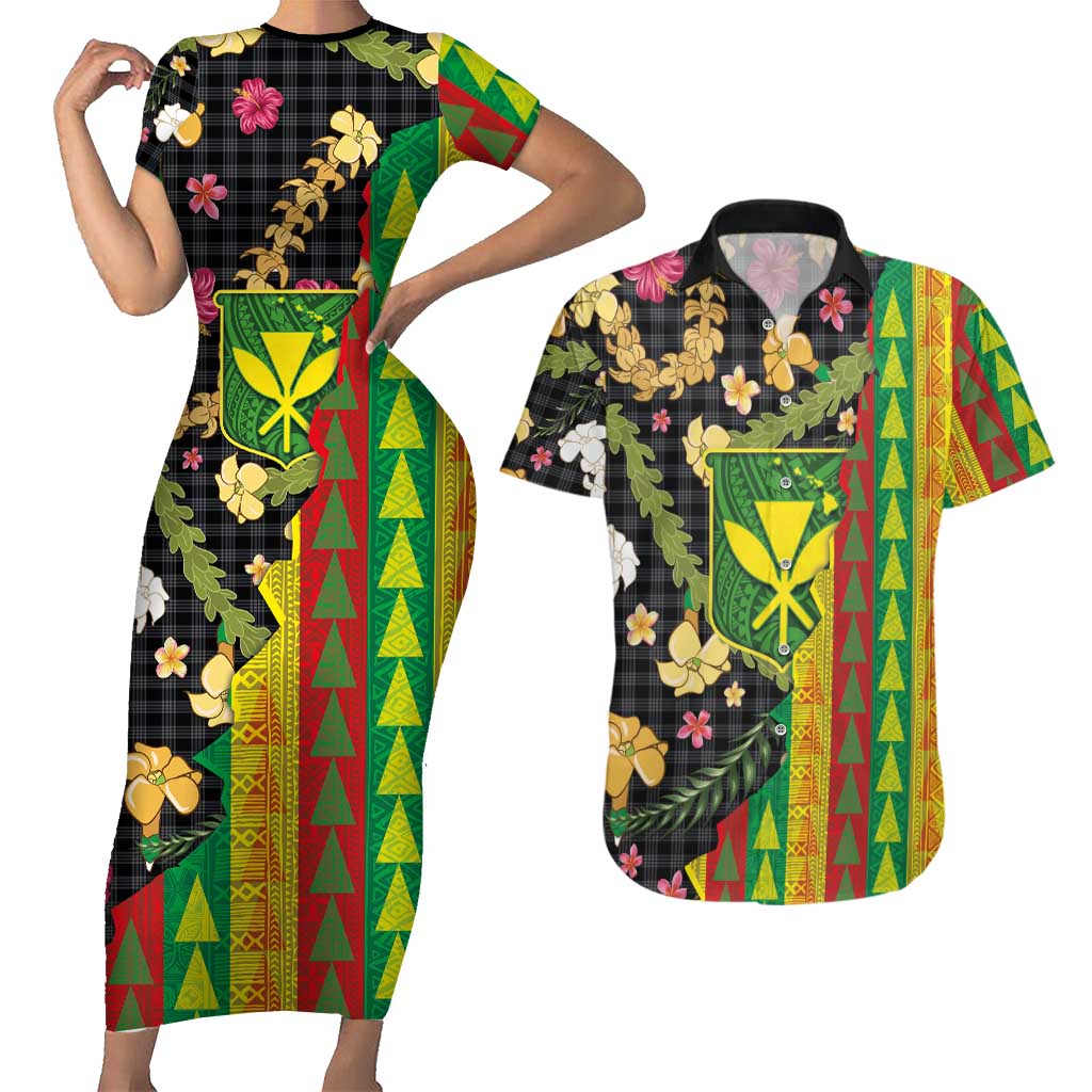 Hawaiian Tropical Plants Lei Couples Matching Short Sleeve Bodycon Dress and Hawaiian Shirt Kanaka Maoli Tribal with Palaka Motifs LT03 Multicolor - Polynesian Pride