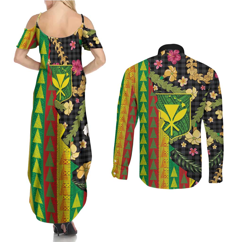 Hawaiian Tropical Plants Lei Couples Matching Summer Maxi Dress and Long Sleeve Button Shirt Kanaka Maoli Tribal with Palaka Motifs LT03 - Polynesian Pride