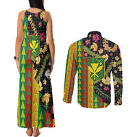 Hawaiian Tropical Plants Lei Couples Matching Tank Maxi Dress and Long Sleeve Button Shirt Kanaka Maoli Tribal with Palaka Motifs LT03 - Polynesian Pride