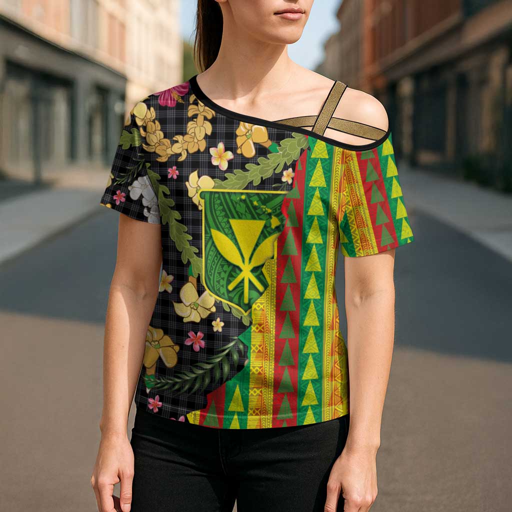 Hawaiian Tropical Plants Lei Cross Shoulder Shirt Kanaka Maoli Tribal with Palaka Motifs LT03 - Polynesian Pride