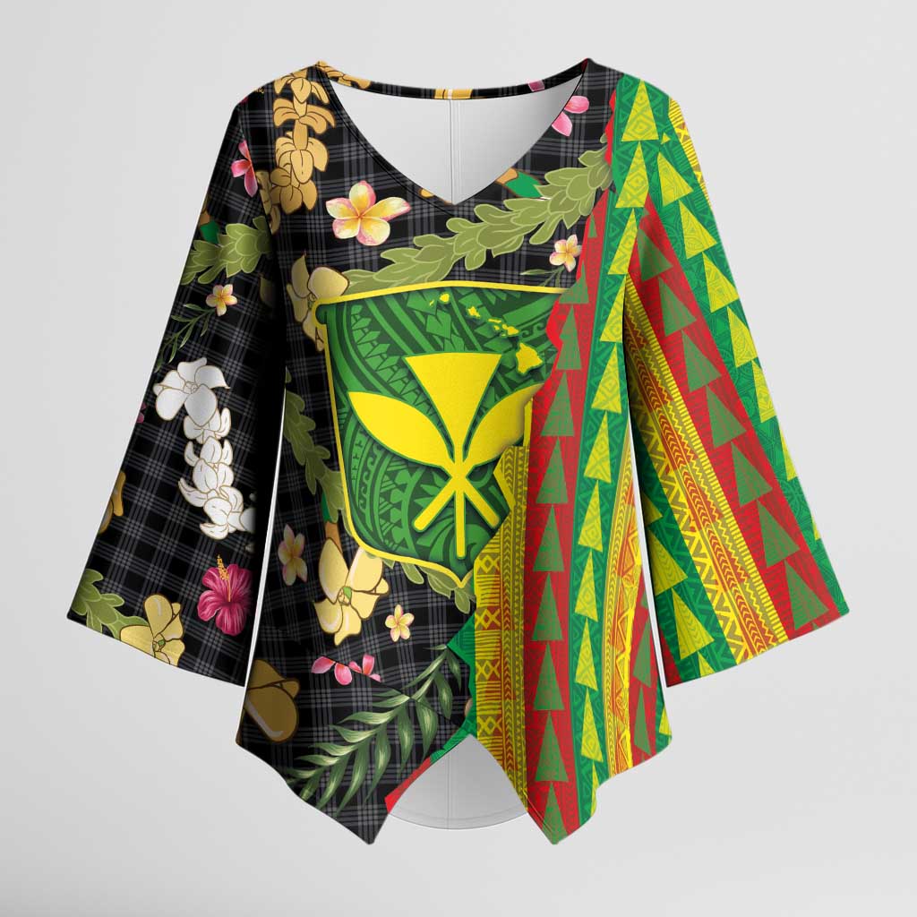 Hawaiian Tropical Plants Lei Kimono Sleeve Blouse Kanaka Maoli Tribal with Palaka Motifs LT03 Female Multicolor - Polynesian Pride
