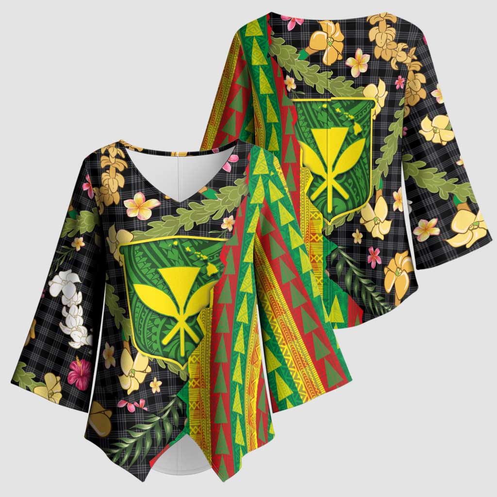 Hawaiian Tropical Plants Lei Kimono Sleeve Blouse Kanaka Maoli Tribal with Palaka Motifs LT03 - Polynesian Pride