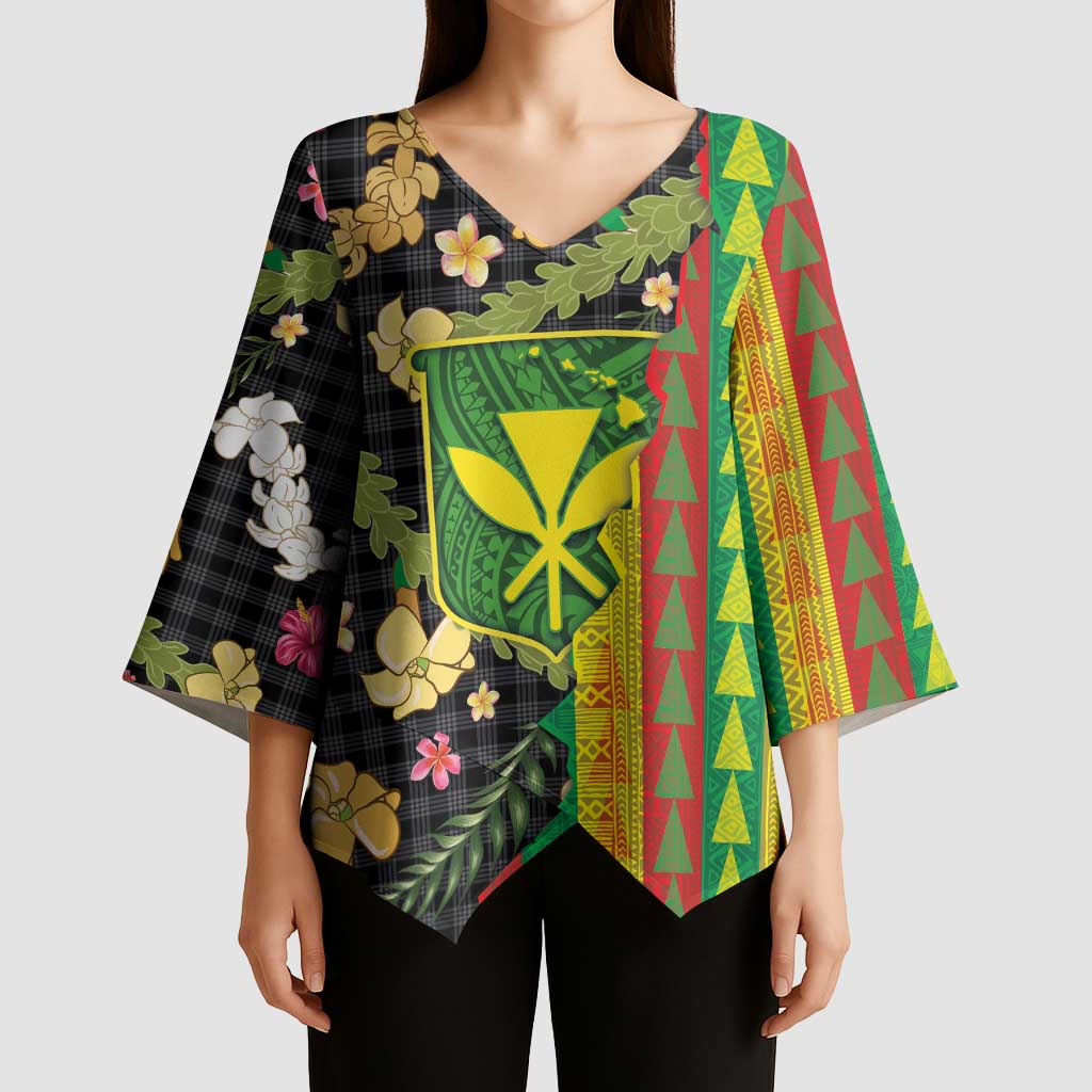 Hawaiian Tropical Plants Lei Kimono Sleeve Blouse Kanaka Maoli Tribal with Palaka Motifs LT03 - Polynesian Pride