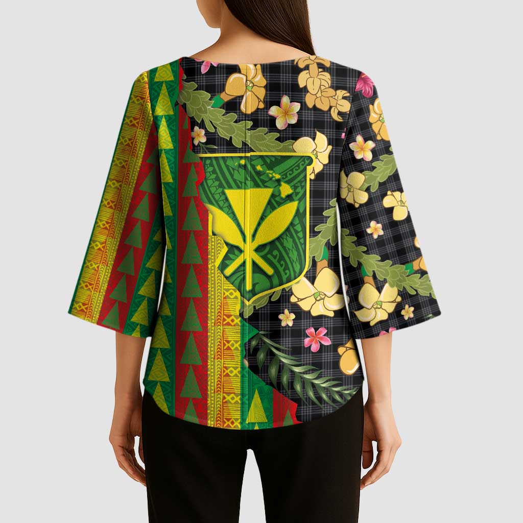 Hawaiian Tropical Plants Lei Kimono Sleeve Blouse Kanaka Maoli Tribal with Palaka Motifs LT03 - Polynesian Pride