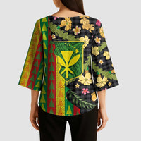 Hawaiian Tropical Plants Lei Kimono Sleeve Blouse Kanaka Maoli Tribal with Palaka Motifs LT03 - Polynesian Pride