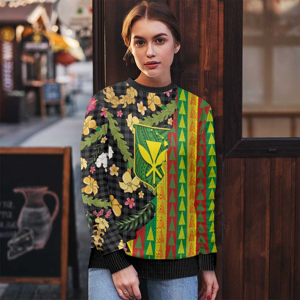 Hawaiian Tropical Plants Lei Ugly Christmas Sweater Kanaka Maoli Tribal with Palaka Motifs LT03 - Polynesian Pride