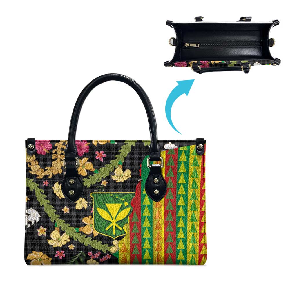 Hawaiian Tropical Plants Lei Leather Bag Kanaka Maoli Tribal with Palaka Motifs LT03 - Polynesian Pride