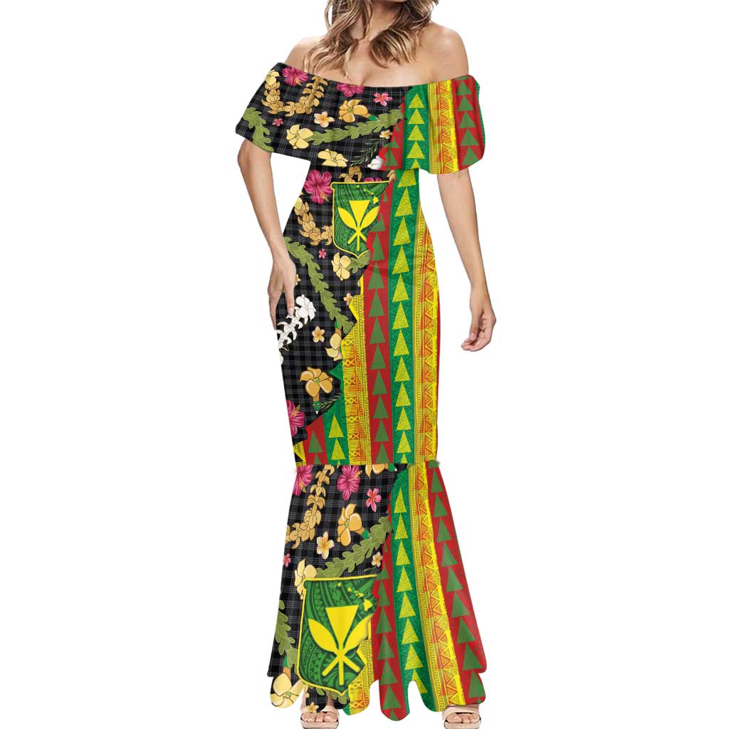 Hawaiian Tropical Plants Lei Mermaid Dress Kanaka Maoli Tribal with Palaka Motifs LT03 - Polynesian Pride