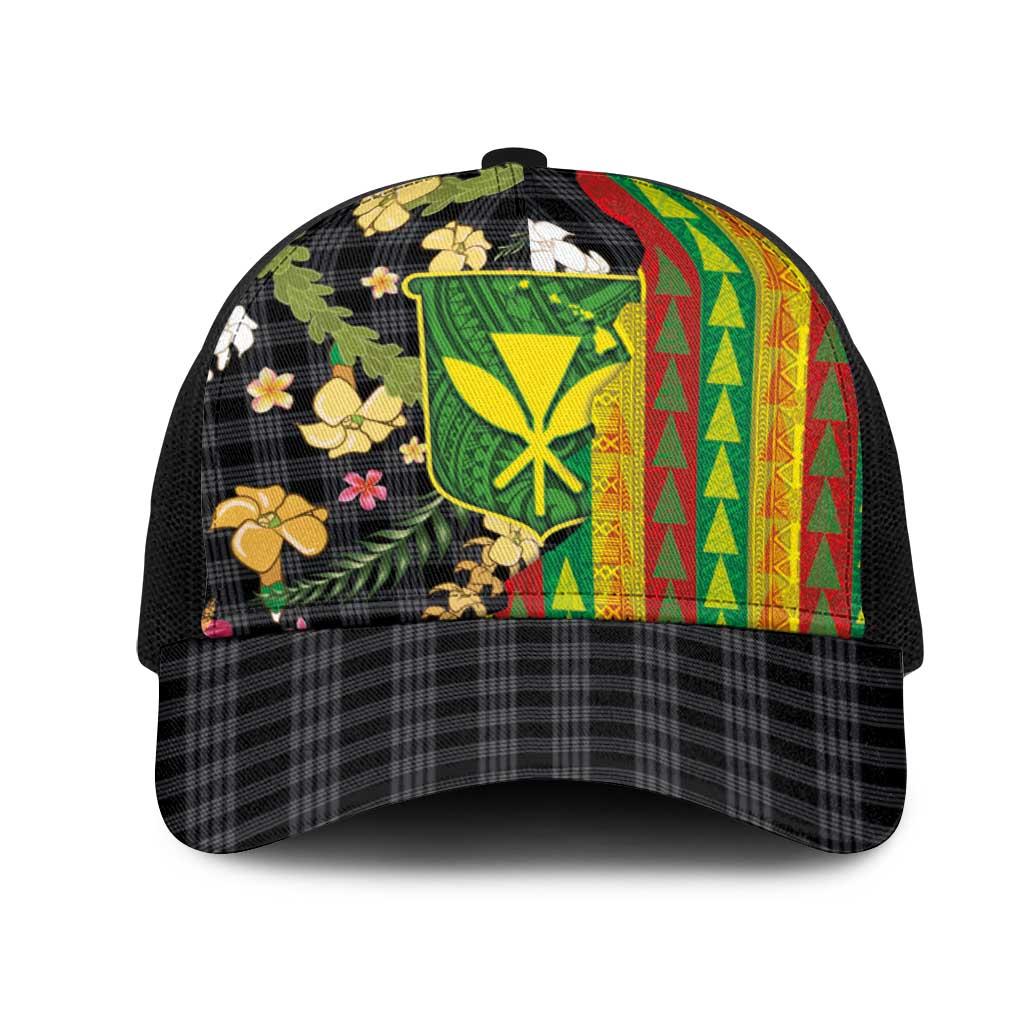 Hawaiian Tropical Plants Lei Mesh Trucker Cap Kanaka Maoli Tribal with Palaka Motifs LT03 One Size Black Multicolor - Polynesian Pride