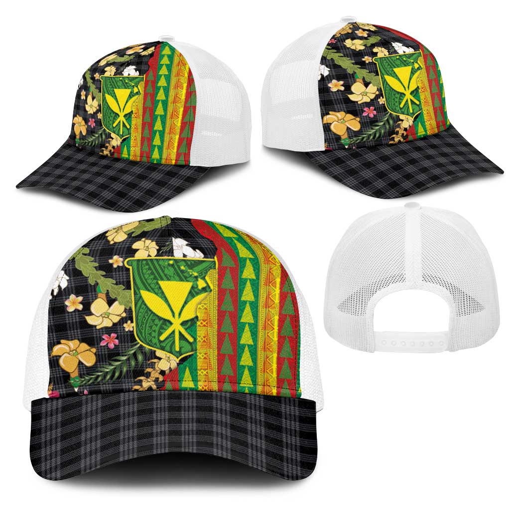 Hawaiian Tropical Plants Lei Mesh Trucker Cap Kanaka Maoli Tribal with Palaka Motifs LT03 - Polynesian Pride