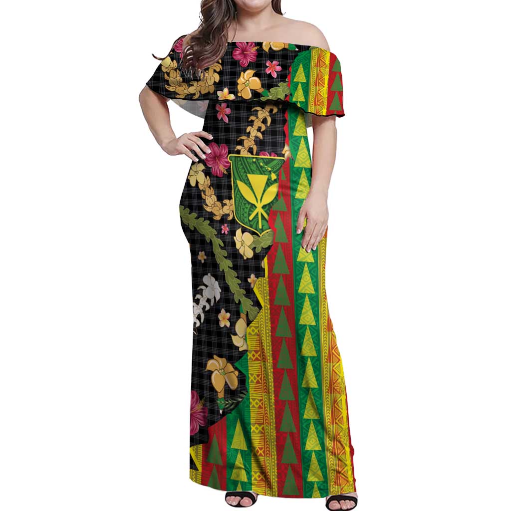 Hawaiian Tropical Plants Lei Off Shoulder Maxi Dress Kanaka Maoli Tribal with Palaka Motifs LT03 Women Multicolor - Polynesian Pride