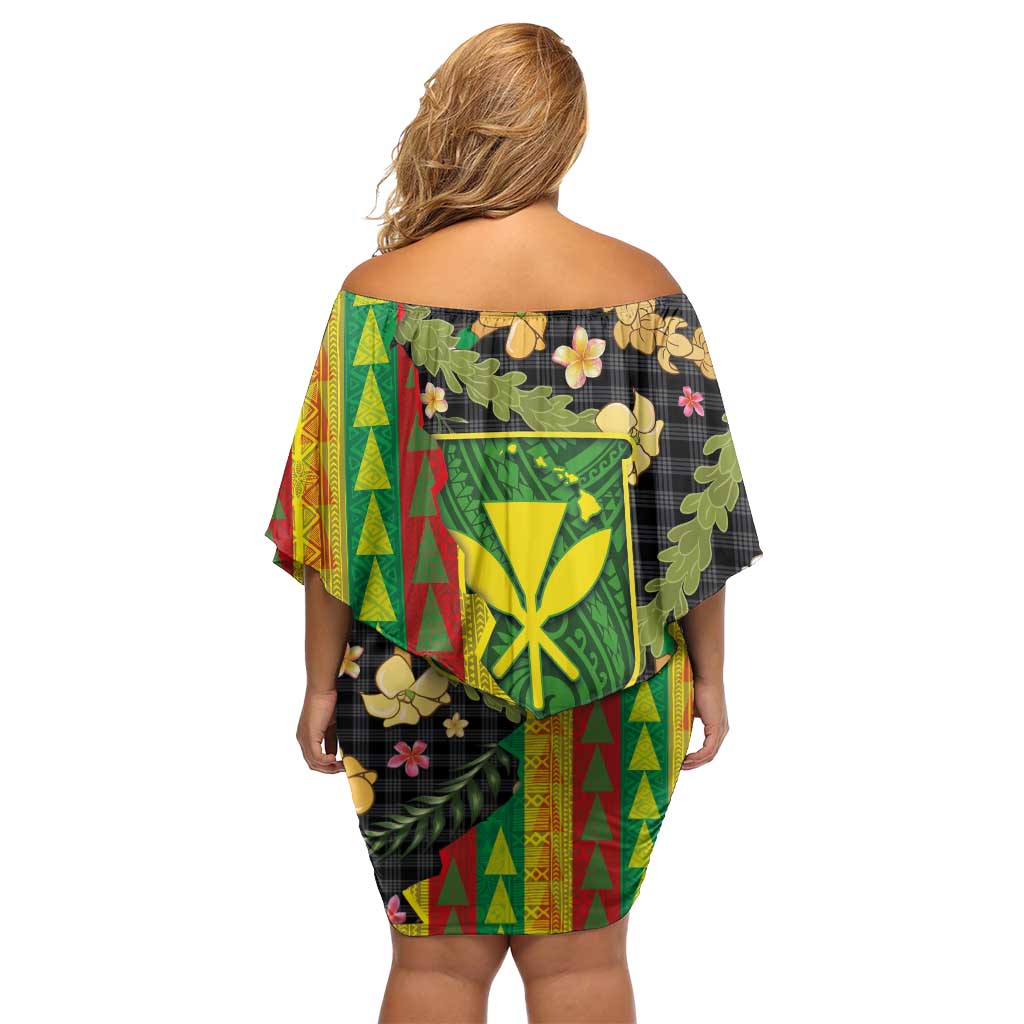 Hawaiian Tropical Plants Lei Off Shoulder Short Dress Kanaka Maoli Tribal with Palaka Motifs LT03 - Polynesian Pride
