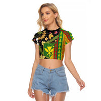 Hawaiian Tropical Plants Lei Raglan Cropped T Shirt Kanaka Maoli Tribal with Palaka Motifs LT03 Female Multicolor - Polynesian Pride