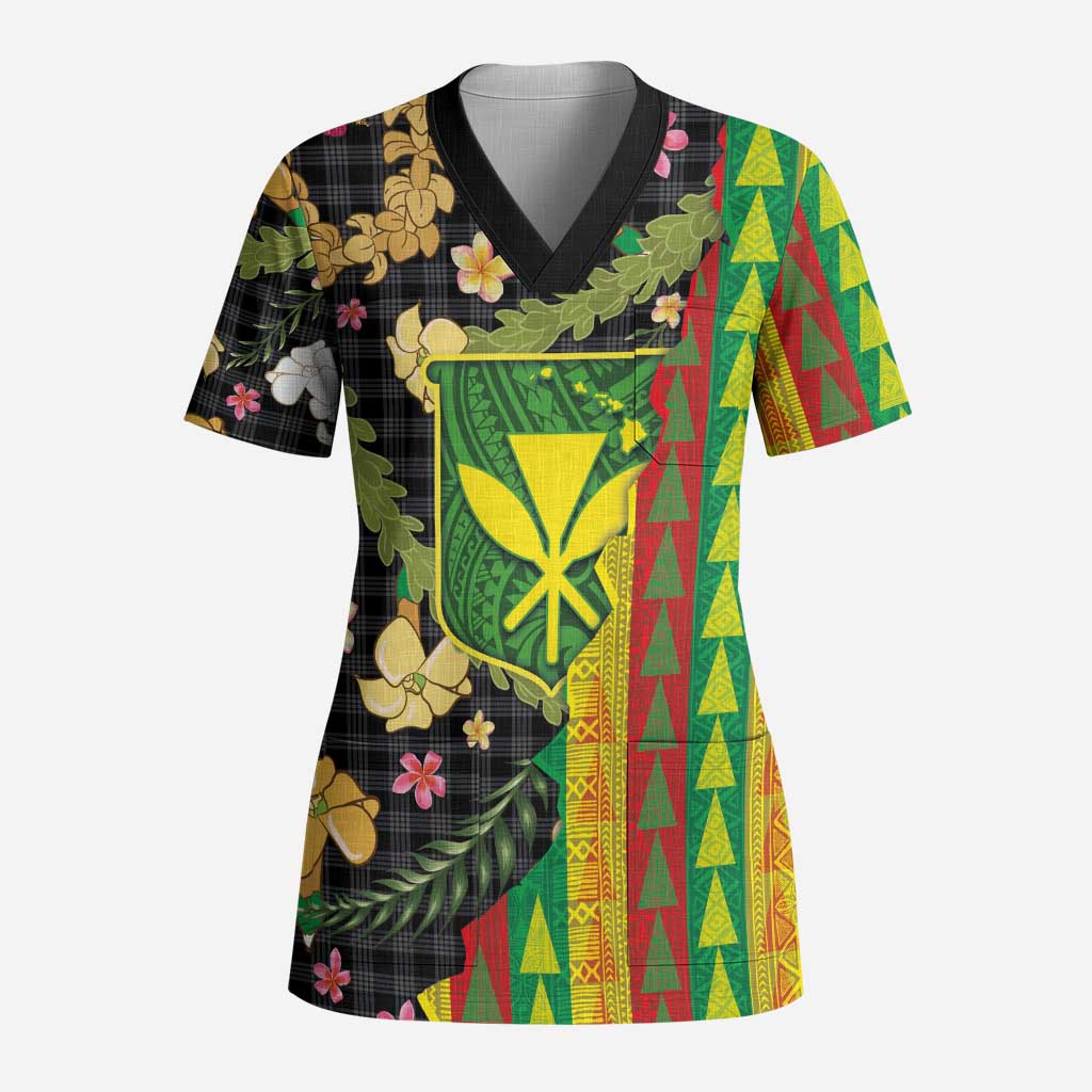 Hawaiian Tropical Plants Lei Scrub Top Kanaka Maoli Tribal with Palaka Motifs LT03 Adult Multicolor - Polynesian Pride