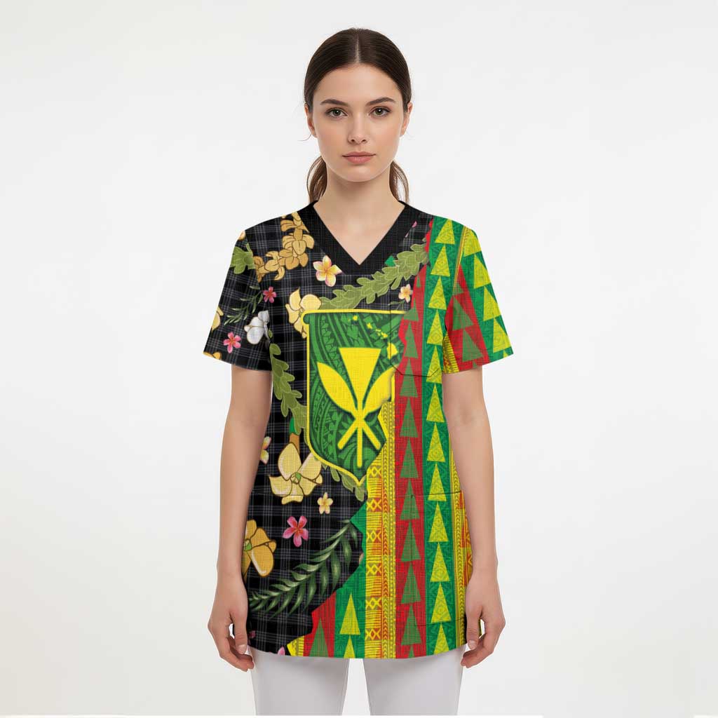 Hawaiian Tropical Plants Lei Scrub Top Kanaka Maoli Tribal with Palaka Motifs LT03 - Polynesian Pride
