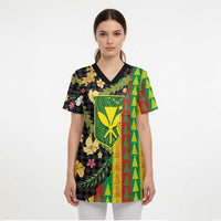Hawaiian Tropical Plants Lei Scrub Top Kanaka Maoli Tribal with Palaka Motifs LT03 - Polynesian Pride