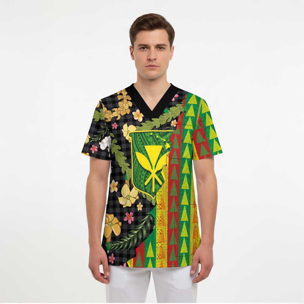 Hawaiian Tropical Plants Lei Scrub Top Kanaka Maoli Tribal with Palaka Motifs LT03 - Polynesian Pride