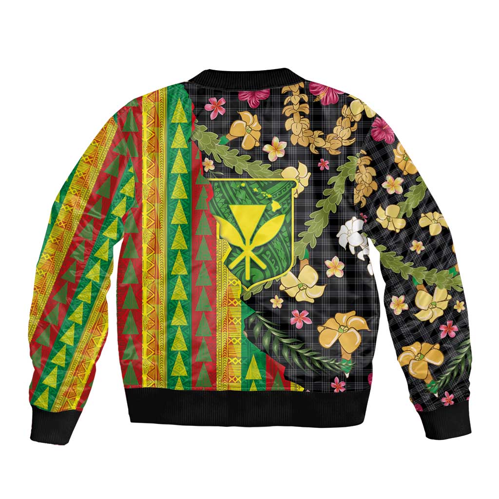 Hawaiian Tropical Plants Lei Sleeve Zip Bomber Jacket Kanaka Maoli Tribal with Palaka Motifs LT03 - Polynesian Pride