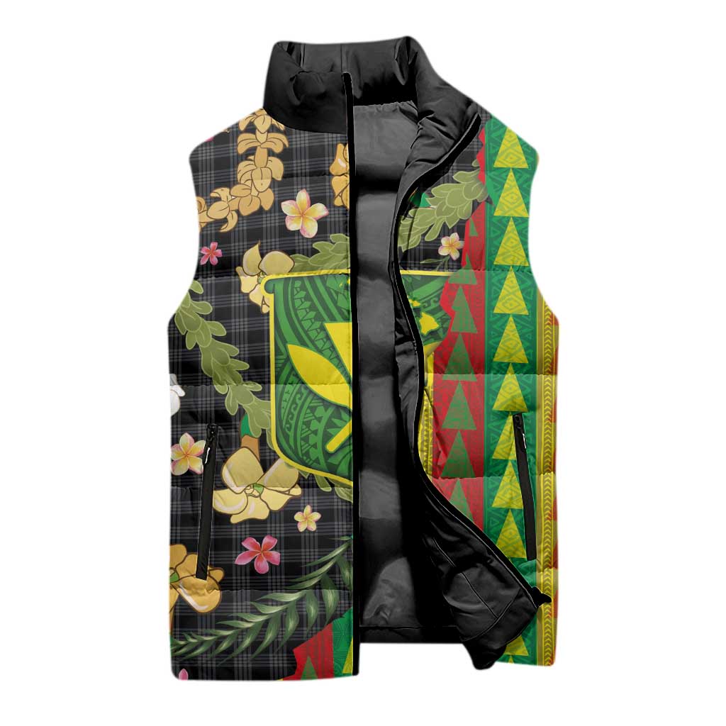 Hawaiian Tropical Plants Lei Sleeveless Puffer Jacket Kanaka Maoli Tribal with Palaka Motifs LT03 - Polynesian Pride