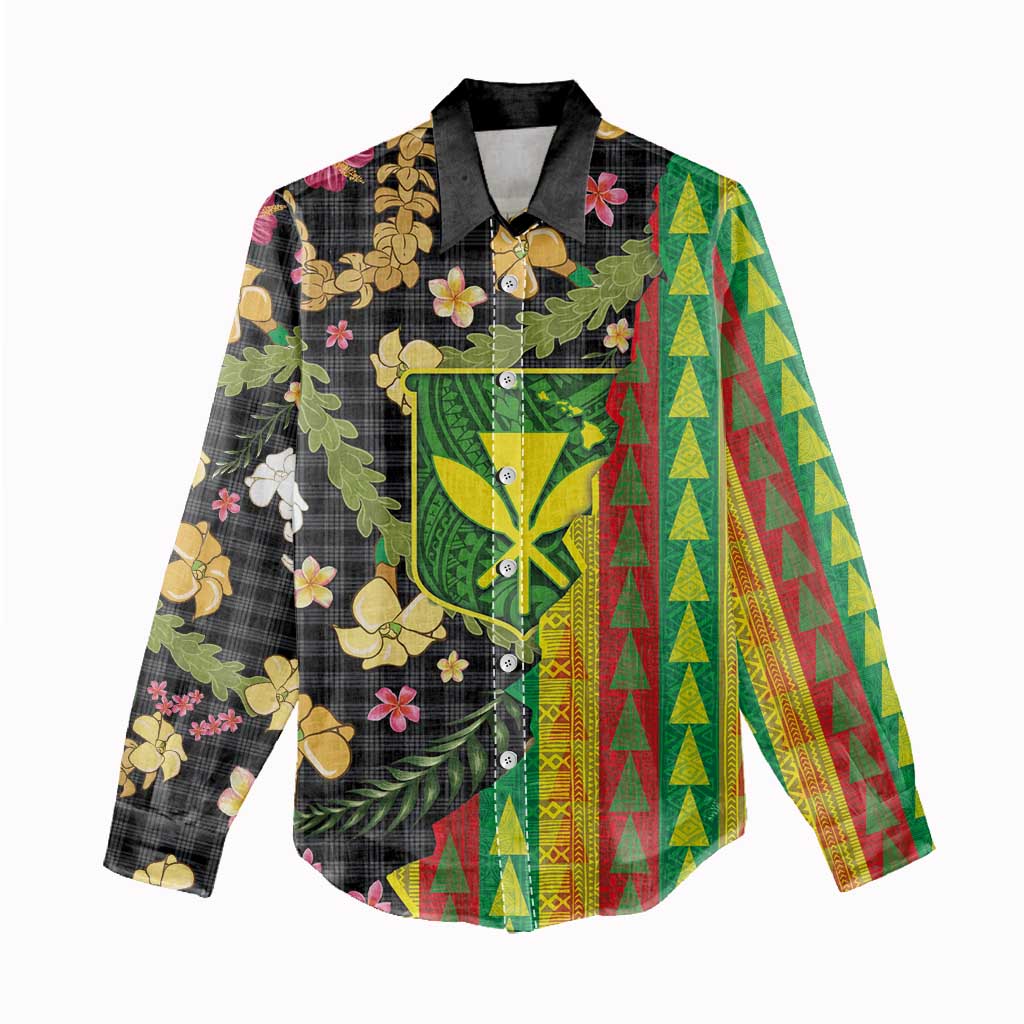 Hawaiian Tropical Plants Lei Women Casual Shirt Kanaka Maoli Tribal with Palaka Motifs LT03 - Polynesian Pride