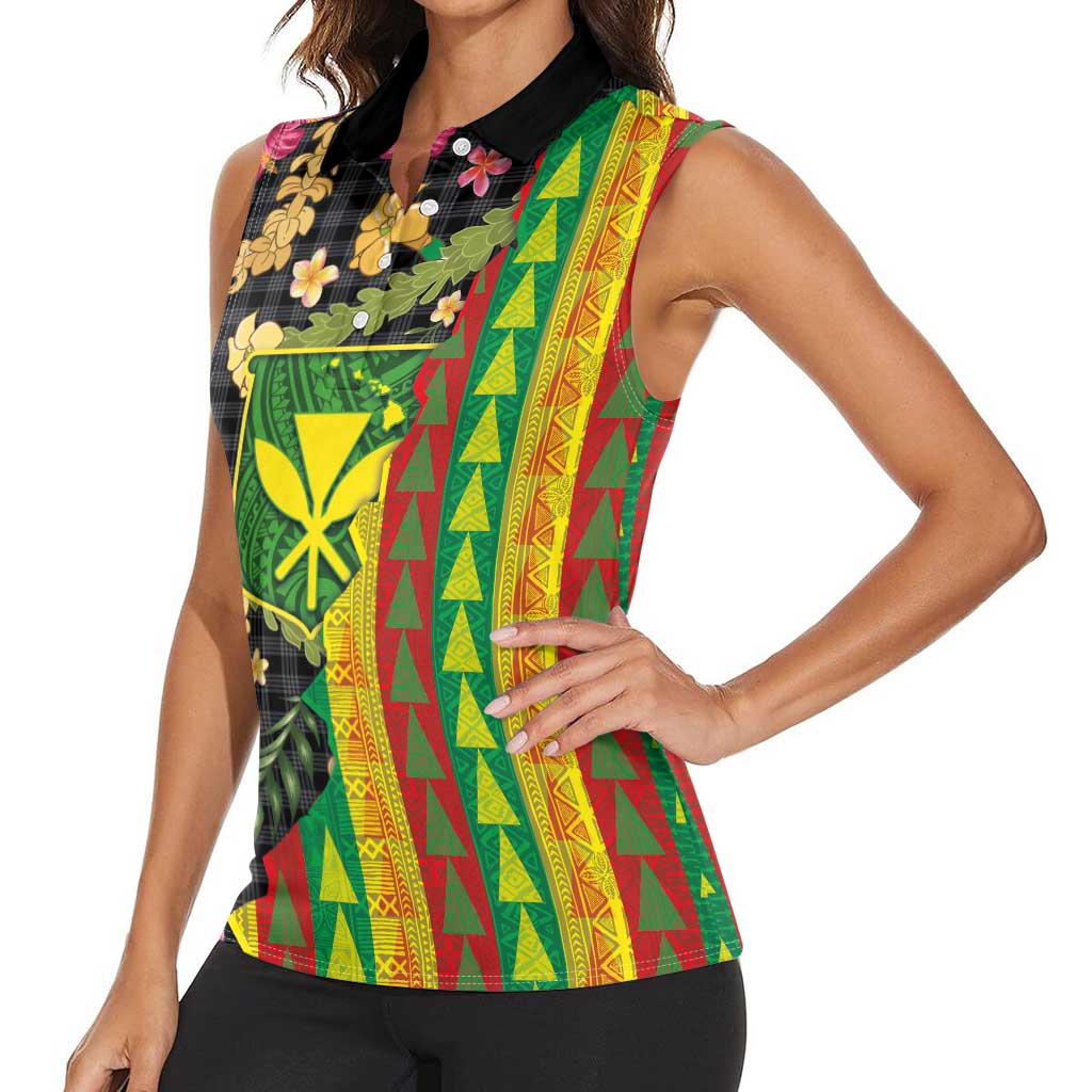 Hawaiian Tropical Plants Lei Women Sleeveless Polo Shirt Kanaka Maoli Tribal with Palaka Motifs LT03 - Polynesian Pride