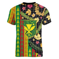Hawaiian Tropical Plants Lei Women V-Neck T-Shirt Kanaka Maoli Tribal with Palaka Motifs LT03 - Polynesian Pride