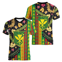 Hawaiian Tropical Plants Lei Women V-Neck T-Shirt Kanaka Maoli Tribal with Palaka Motifs LT03 - Polynesian Pride