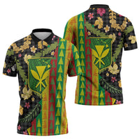 Hawaiian Tropical Plants Lei Zipper Polo Shirt Kanaka Maoli Tribal with Palaka Motifs LT03 - Polynesian Pride