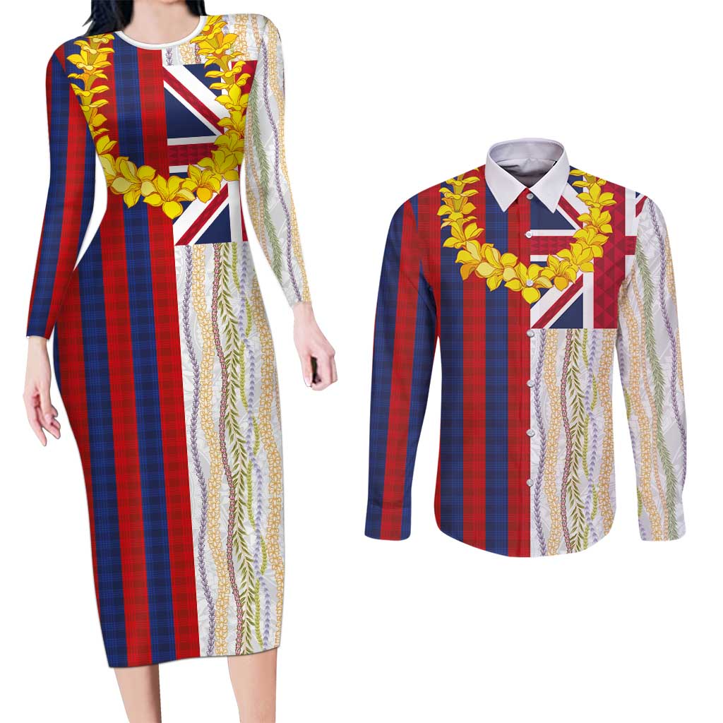 Hawaiian Tropical Plants Lei Couples Matching Long Sleeve Bodycon Dress and Long Sleeve Button Shirt National Flag Style LT03 Multicolor - Polynesian Pride