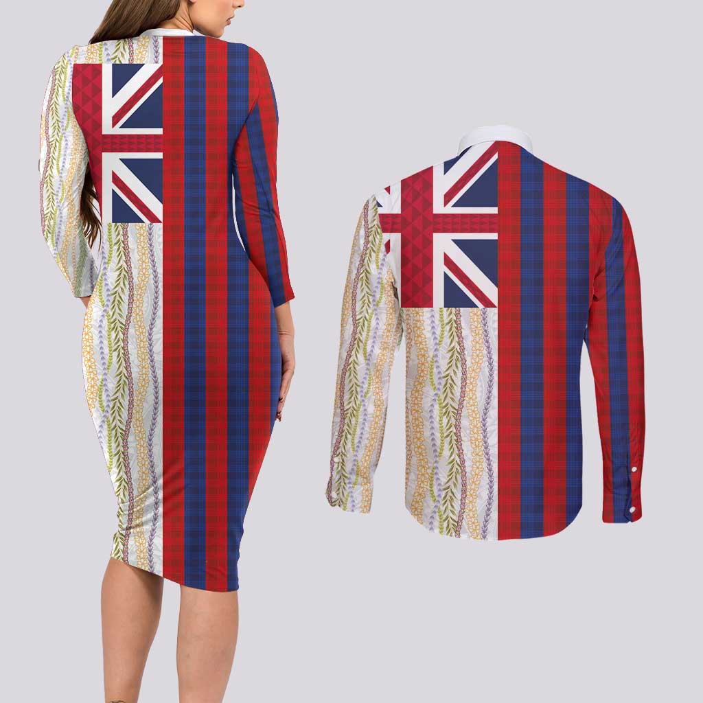 Hawaiian Tropical Plants Lei Couples Matching Long Sleeve Bodycon Dress and Long Sleeve Button Shirt National Flag Style LT03 - Polynesian Pride