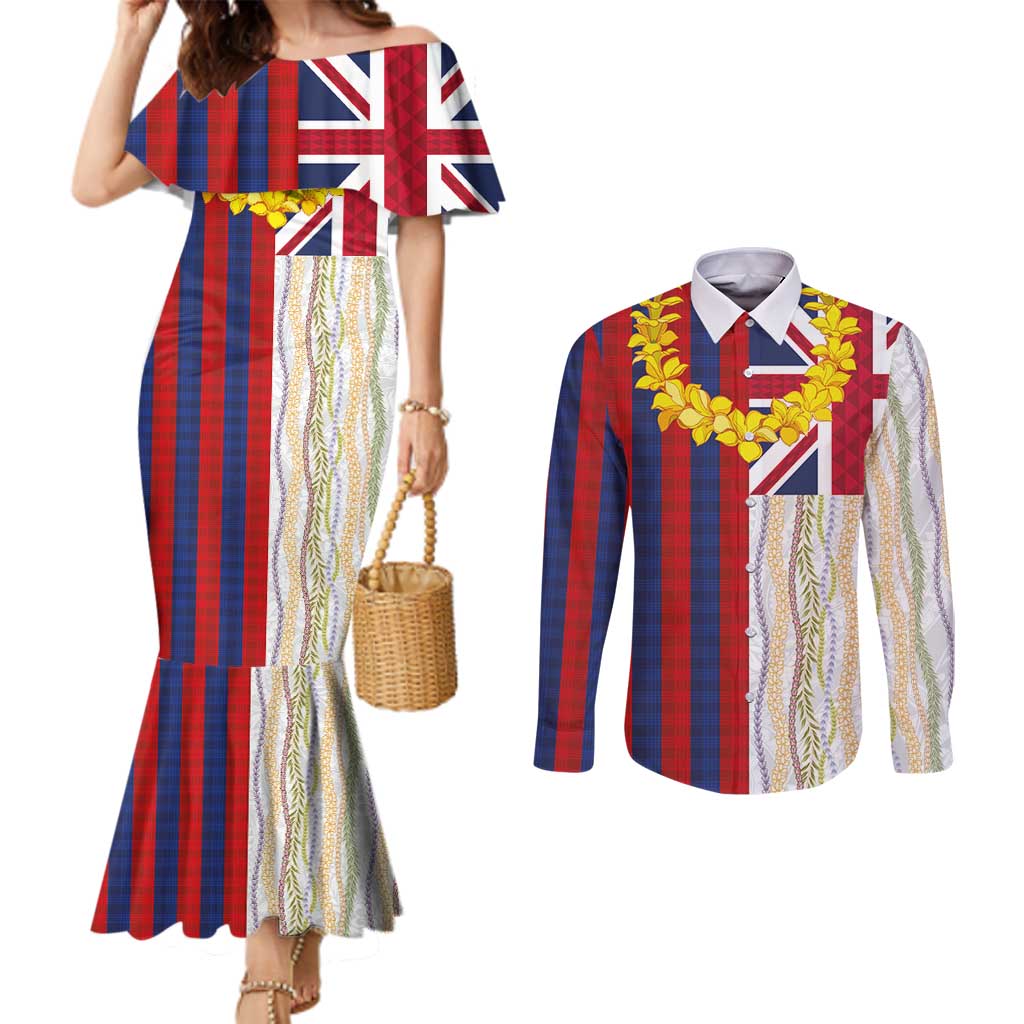Hawaiian Tropical Plants Lei Couples Matching Mermaid Dress and Long Sleeve Button Shirt National Flag Style LT03 Multicolor - Polynesian Pride