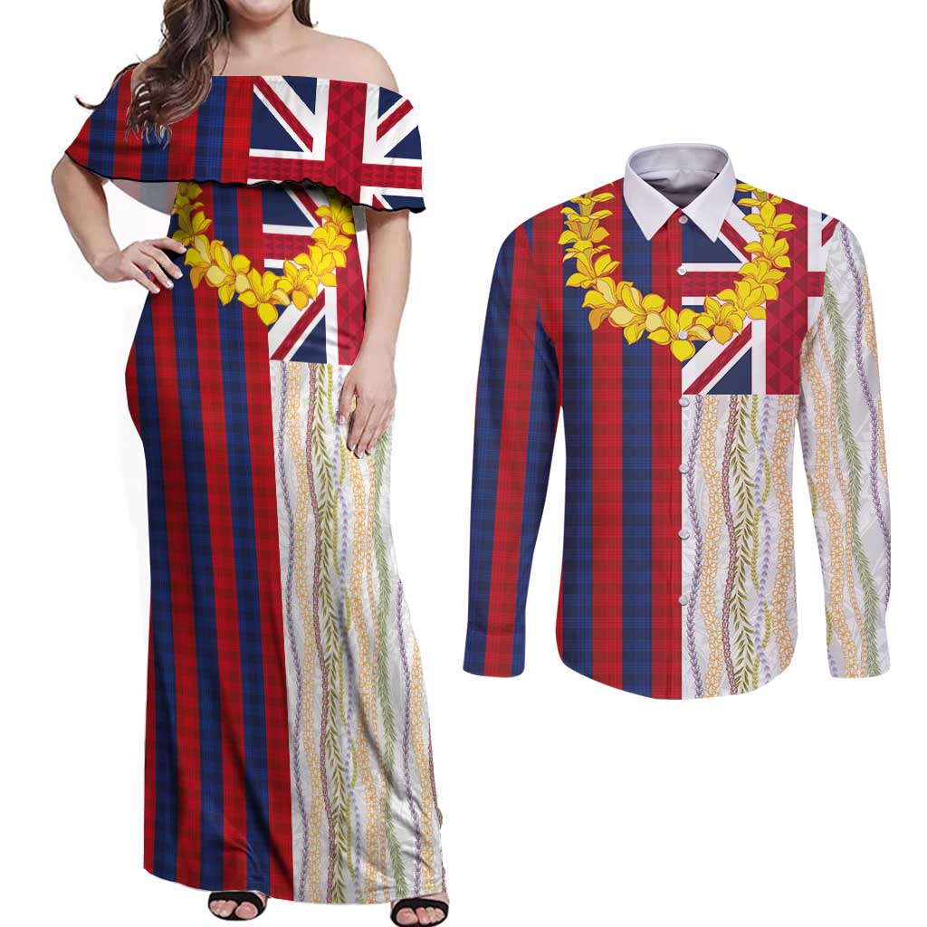 Hawaiian Tropical Plants Lei Couples Matching Off Shoulder Maxi Dress and Long Sleeve Button Shirt National Flag Style LT03 Multicolor - Polynesian Pride