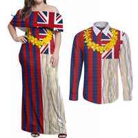 Hawaiian Tropical Plants Lei Couples Matching Off Shoulder Maxi Dress and Long Sleeve Button Shirt National Flag Style LT03 Multicolor - Polynesian Pride