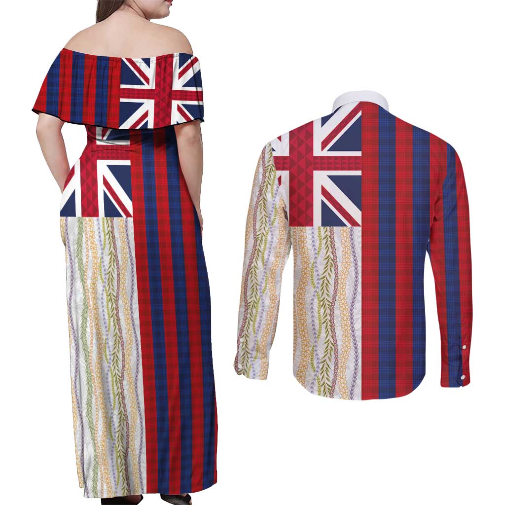 Hawaiian Tropical Plants Lei Couples Matching Off Shoulder Maxi Dress and Long Sleeve Button Shirt National Flag Style LT03 - Polynesian Pride