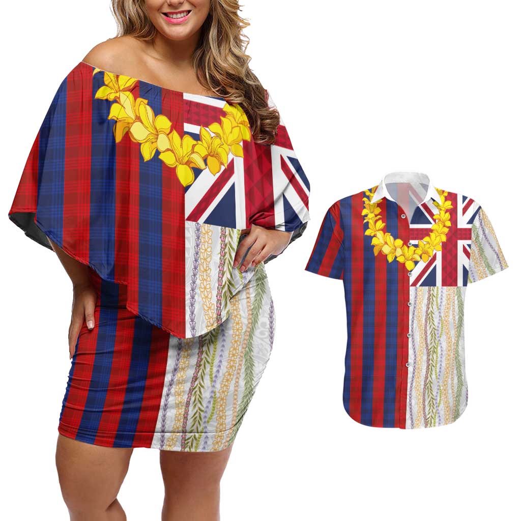 Hawaiian Tropical Plants Lei Couples Matching Off Shoulder Short Dress and Hawaiian Shirt National Flag Style LT03 Multicolor - Polynesian Pride