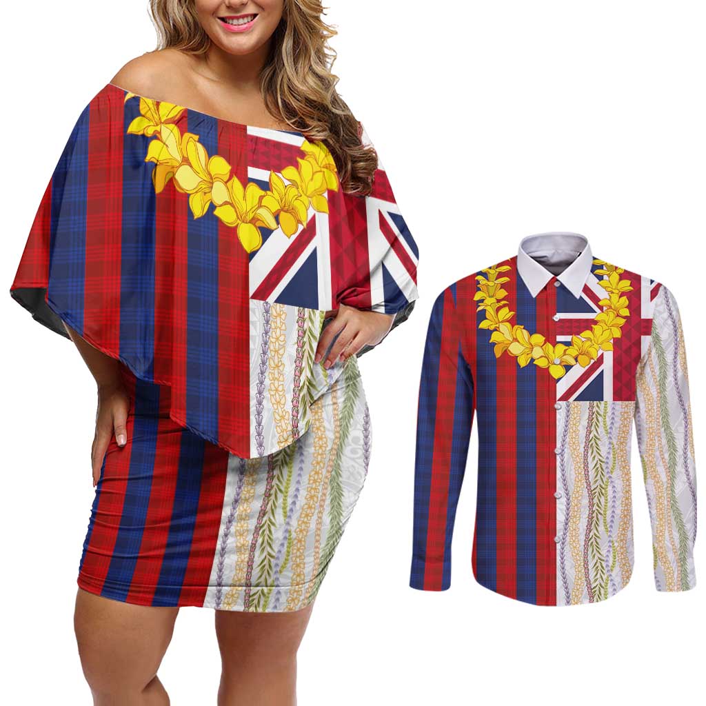 Hawaiian Tropical Plants Lei Couples Matching Off Shoulder Short Dress and Long Sleeve Button Shirt National Flag Style LT03 Multicolor - Polynesian Pride