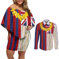 Hawaiian Tropical Plants Lei Couples Matching Off Shoulder Short Dress and Long Sleeve Button Shirt National Flag Style LT03 Multicolor - Polynesian Pride