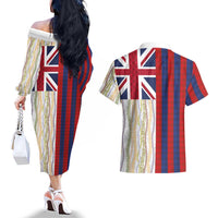 Hawaiian Tropical Plants Lei Couples Matching Off The Shoulder Long Sleeve Dress and Hawaiian Shirt National Flag Style LT03 - Polynesian Pride