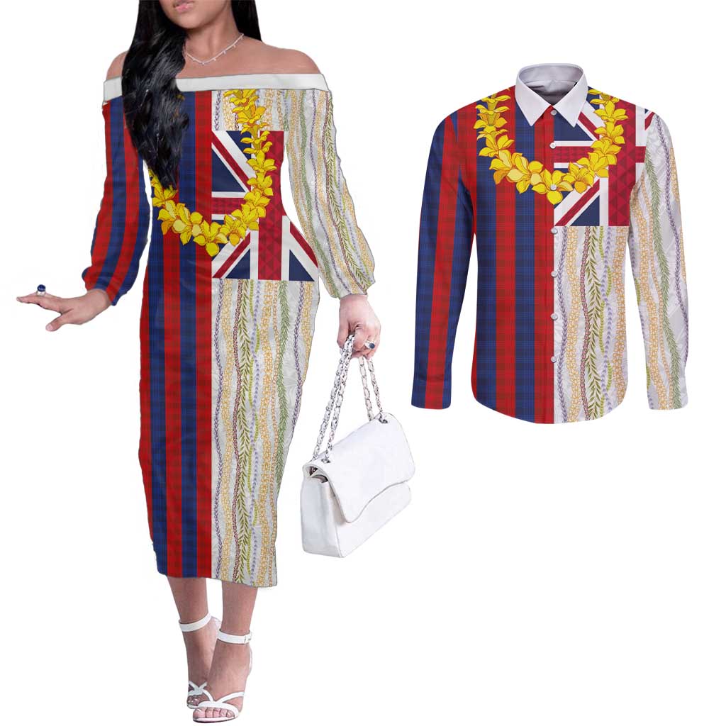 Hawaiian Tropical Plants Lei Couples Matching Off The Shoulder Long Sleeve Dress and Long Sleeve Button Shirt National Flag Style LT03 Multicolor - Polynesian Pride